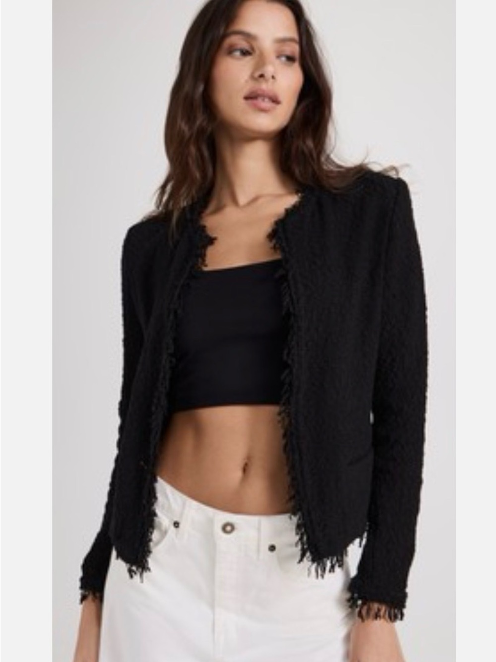 IRO Black Open-Front Fringe-Trim Blazer